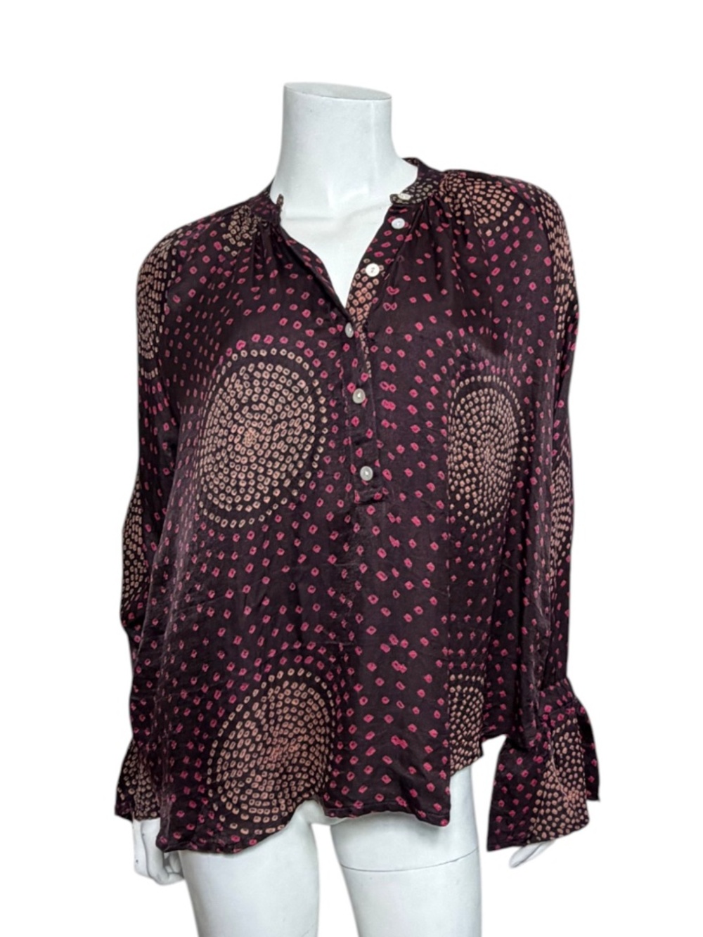 V.De.Vinster 100% Silk Bandhani Print Blouse Size M Bell Sleeve Purple/Pink